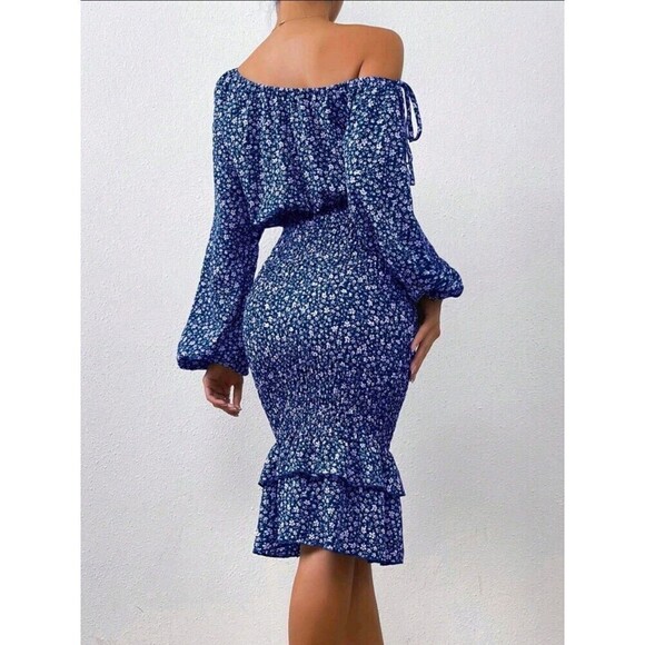 Women's Ditsy Floral Print Asymmetrical Neck Lantern Sleeve Mermaid Hem … - Picture 8 of 9